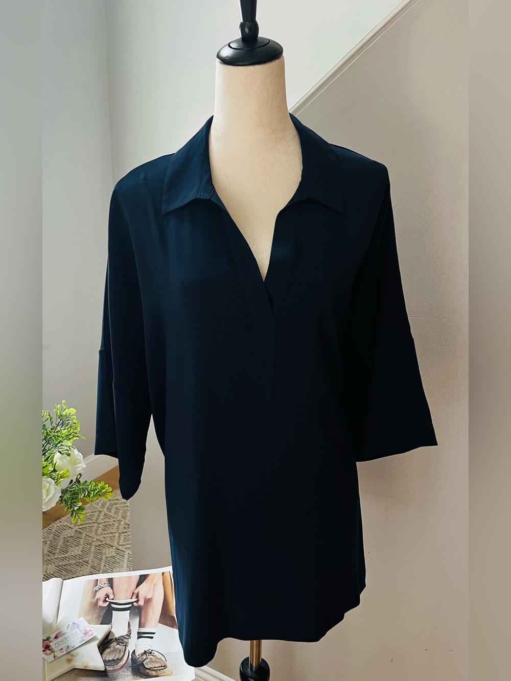 MODERN WORKS Blouse Pullover Split Collar 3/4 Sleeve Side Slit Navy Blue Size 1X